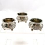 3 x Chinese silver (900 quality) salts (pair + 1 matched) decorated with a dragon & with clear glass