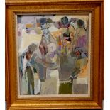 Framed oil painting of a group of people signed J Cunningham - 47cm x 42cm