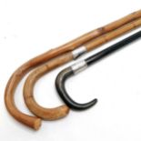 3 x antique walking sticks - 2 with silver collars (collars slight a/f) & 1 with a horn handle (