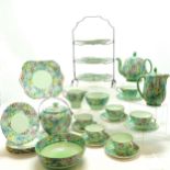 Shelley Melody green chintz tea set including 3 tier cake stand, cake plate, teapot, water jug, milk