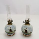 Pair of Delft hand painted small oil lamps - total height 20cm