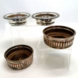 2 pairs of silver plated wine coasters with wooden bases (1 pair Sheffield plate 13.5cm diameter but