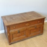 Arts and Crafts oak blanket chest with pull down doors, one handle missing, marks to the lid, damage