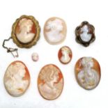 Qty of hand carved shell cameos - 6 loose & 2 in gilt mounts (largest 4.5cm)