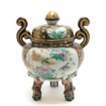 Oriental lidded koro with 3 boys as feet with text in panel on side - 18cm high & small chip to