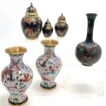 3 x Oriental cloisonne vases (tallest 18cm has a/f to body) t/w 3 x lidded graduated brass pots with