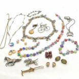Qty of costume jewellery inc Austrian crystal necklace, rolled gold locket, unmarked silver horse