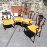 Pair of antique mahogany Hepplewhite style dining chairs with shield shape back with inlaid