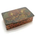 Antique papier mache table snuff box with 2 seated Eastern / Islamic gentleman design to top - 8.5cm