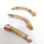 3 x unmarked antique 9ct gold mounted bone brooches - longest 6.5cm long