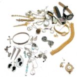 Qty of jewellery inc silver (50g total weight), 9ct gold cased ladies watch (total weight 14g inc