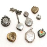 9 x lockets inc heart shaped, antique unmarked silver, 5 marked silver (1 on a silver chain), 1