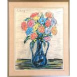 Framed mixed media picture of a vase of flowers signed Priking - 51cm x 42cm