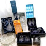 Qty of mostly boxed Stuart crystal glasses, decanter, Waterford bowl, Sherborne Millenium glasses,
