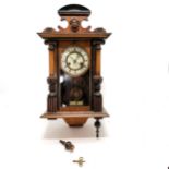 Antique walnut veneered gong strike wall clock with key & pendulum - 60cm high x 31cm wide ~ lacks 4