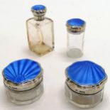 4 x silver & blue guilloche enamel toilet jars - tallest 9cm ~ lid to smallest no obvious damage but