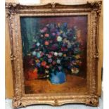 Framed oil on board of a vase of flowers signed F Smeers - 64cm x 74cm