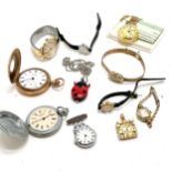 Qty of wrist & pocket watches inc Waltham gold plated cased half hunter, ladybird pendant watch