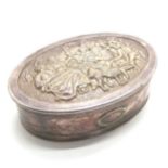 Silver hallmarked oval lidded box with tavern scene to top - 120g & 10cm across (no marks to lid)