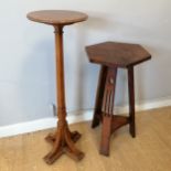 Oak Arts and Crafts side table t/w oak plant stand 93cm high, both have marks to the tops