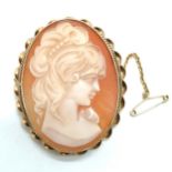 9ct hallmarked gold hand carved shell cameo portrait brooch - 4.2cm drop & 10.5g total weight