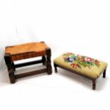 2 foot stools - 1 tapestry covered, 1 with studded leather top (a/f) - 26cm x 38cm x 26cm high