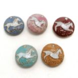 5 x c.1970's pottery buttons with horse / sun design in different colours - 2.8cm diameter