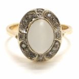 9ct hallmarked moonstone & diamond ring - size K & 2.9g total weight - in good condition