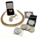 Egyptian silver marked pharaoh keyring (13cm long) t/w costume gents horseshoe ring, coins etc