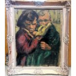 Framed oil painting on board of a lady holding a baby - 61cm x 51cm ~ indistinct signature lower