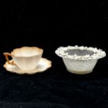 Belleek cup & saucer (in good condition) t/w Belleek lattice work basket 14cm diameter & 5cm