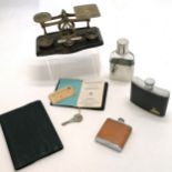 Set of inland letter rate postal scales - 18cm across t/w 3 x hip flasks inc Hine & AA insurance