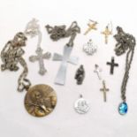 Qty of religious jewellery inc St Benedict pendant on chain, small silver cross, pair of crucifix