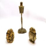2 x antique novelty brass taper holders in the form of an owl & monkey t/w novelty table lighter