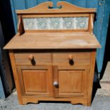 Antique pine washstand/cupboard with tiled upstand. Upstand needs re attaching otherwise in good