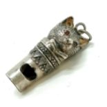 Novelty sterling silver cat head (with a bow tie & red stone set eyes) whistle - 11.9g & 4.5cm