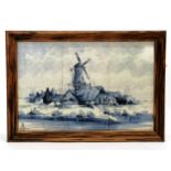 Delft hand painted tile panel depicting a windmill , in a wooden frame.- 50cm x 36cm ~ 1 tile loose