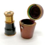 Antique leather cased brass & japanned monocular - case 5.5cm & slight scratch to body otherwise