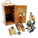 Antique microscope by E Leitz Wetzlar #207432 with 2 attached lenses + 4 extra lenses t/w filters,