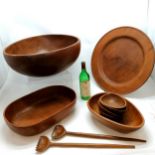 Oversized very large wooden salad bowl + servers - 51cm x 50cm & approx 6kg t/w 6 other bowls, large