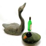 Pottery green duck with a black head t/w papier mache model of a swan (54cm high)