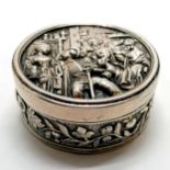 Antique cast silver circular lidded box with tavern scene & Ferdinand III on horseback