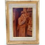 Framed original oil on panel painting of a gentleman reading a book - 31cm x 24cm