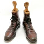 Pair of antique brown leather shoes with original shoe lasts (size 9) & 29cm total height ~ in
