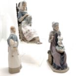 3 x Lladro figurines - 2 ladies sewing (tallest 30cm high & 22cm deep) + a lady with a sheep ~ no