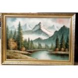 Original oil painting on canvas of a lake / mountain scene signed Carson - 104cm x 74cm