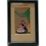 Antique hand painted scene on mica in a black frame (some losses) - 15cm x 10cm ~ has slipped in