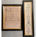 2 small framed antique samplers - longest 45cm x 13.5cm