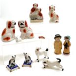 Kate Greenaway salt / pepper shakers (11cm high & have chips), qty of Staffordshire figures inc pair
