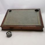 Antique mahogany writing slope with tooled grey leather top missing its original ink wells but